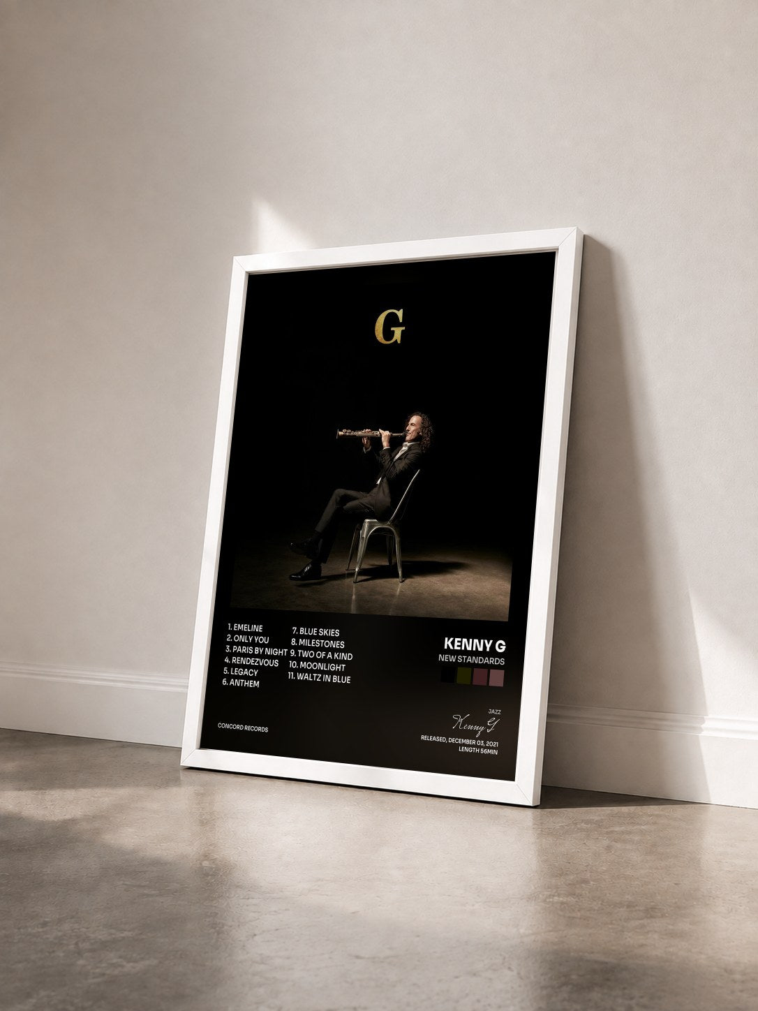 #blanc Tableau de l'album New Standards de Kenny G vu de trois quarts, cadre blanc