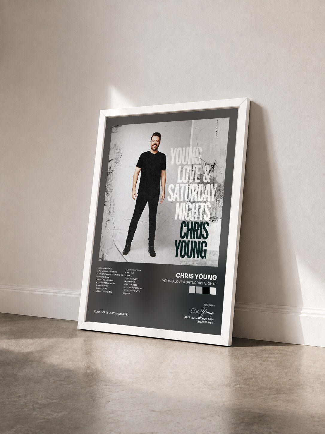 #blanc Tableau de l'album Young Love & Saturday Nights de Chris Young vu de trois quarts, cadre blanc