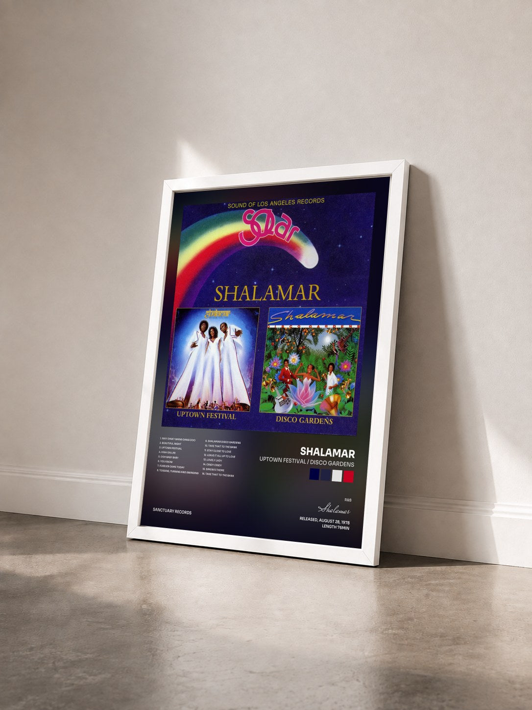 #blanc Tableau de l'album Uptown Festival / Disco Gardens de Shalamar vu de trois quarts, cadre blanc