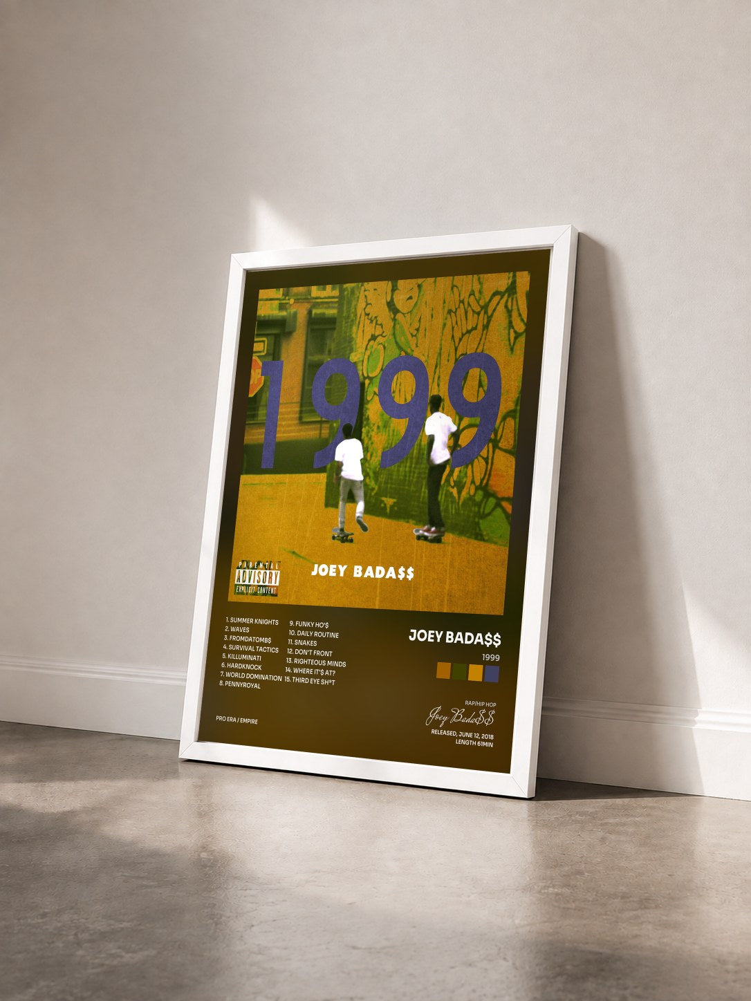 #blanc Tableau de l'album 1999 de Joey Bada$$ vu de trois quarts, cadre blanc