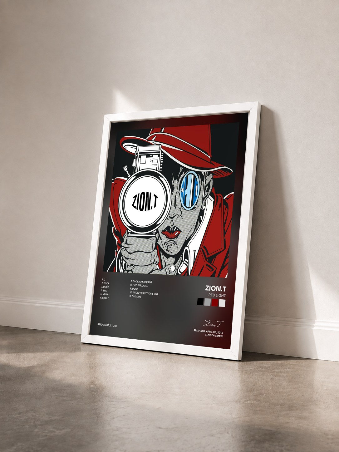 #blanc Tableau de l'album Red Light de Zion.T vu de trois quarts, cadre blanc