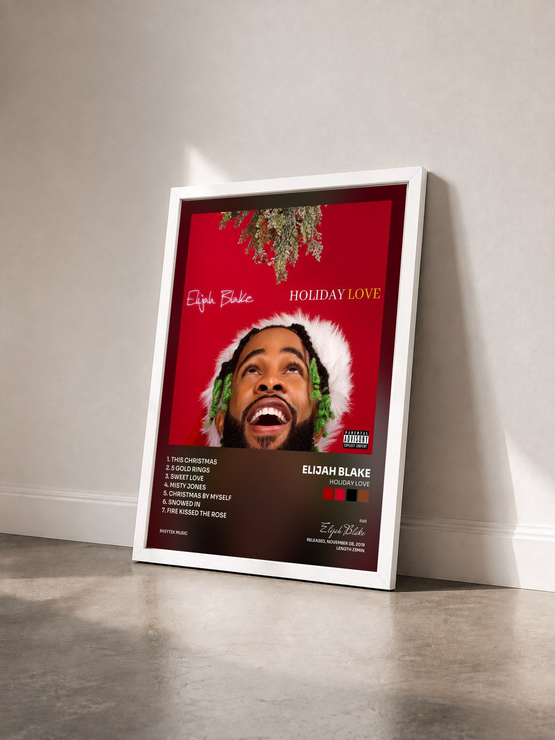 #blanc Tableau de l'album Holiday Love de Elijah Blake vu de trois quarts, cadre blanc