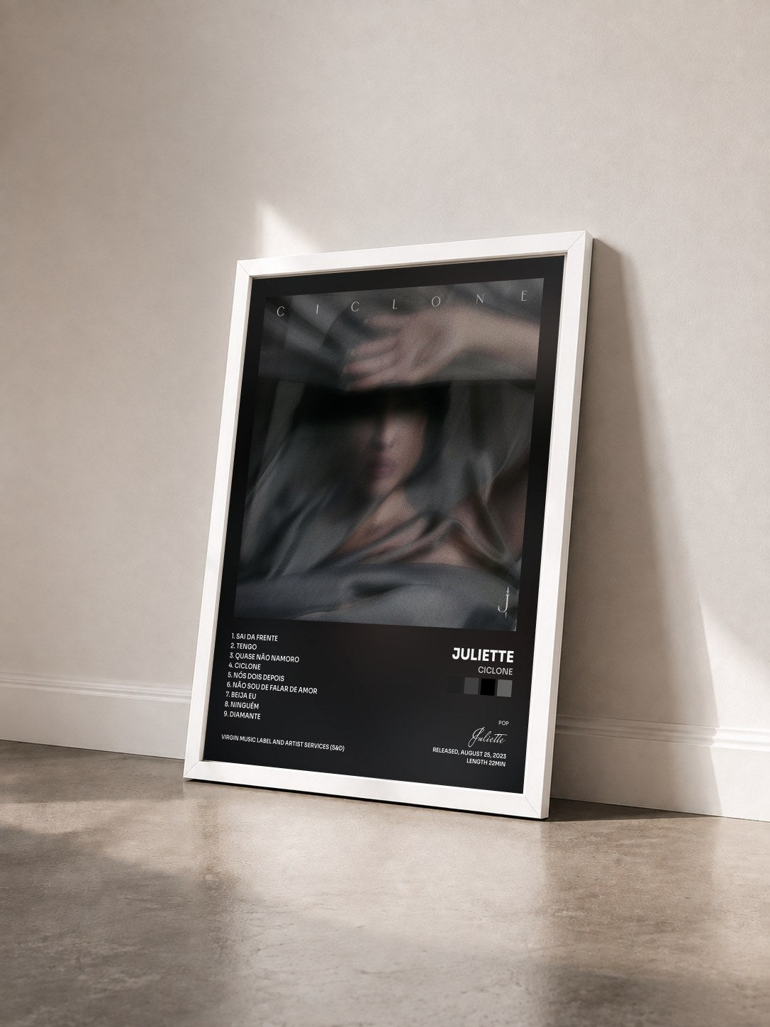 #blanc Tableau de l'album Ciclone de Juliette vu de trois quarts, cadre blanc