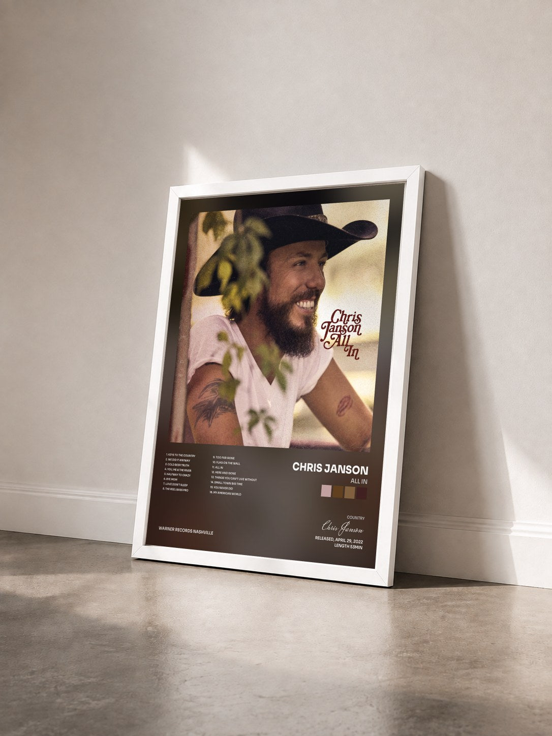 #blanc Tableau de l'album All In de Chris Janson vu de trois quarts, cadre blanc