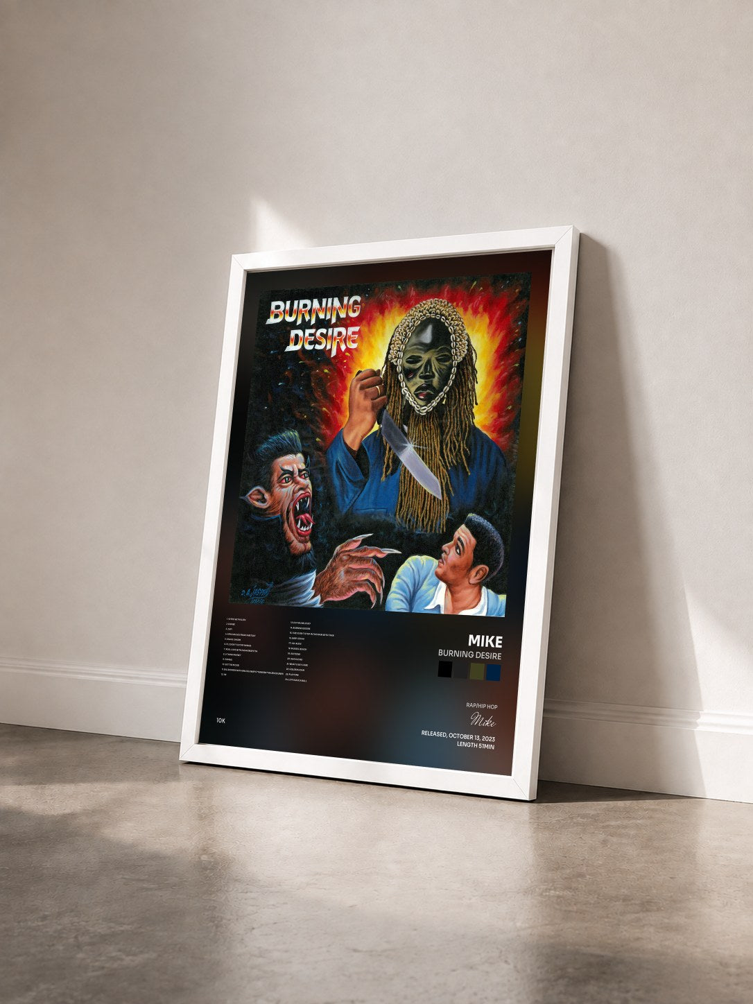 #blanc Tableau de l'album Burning Desire de Mike vu de trois quarts, cadre blanc