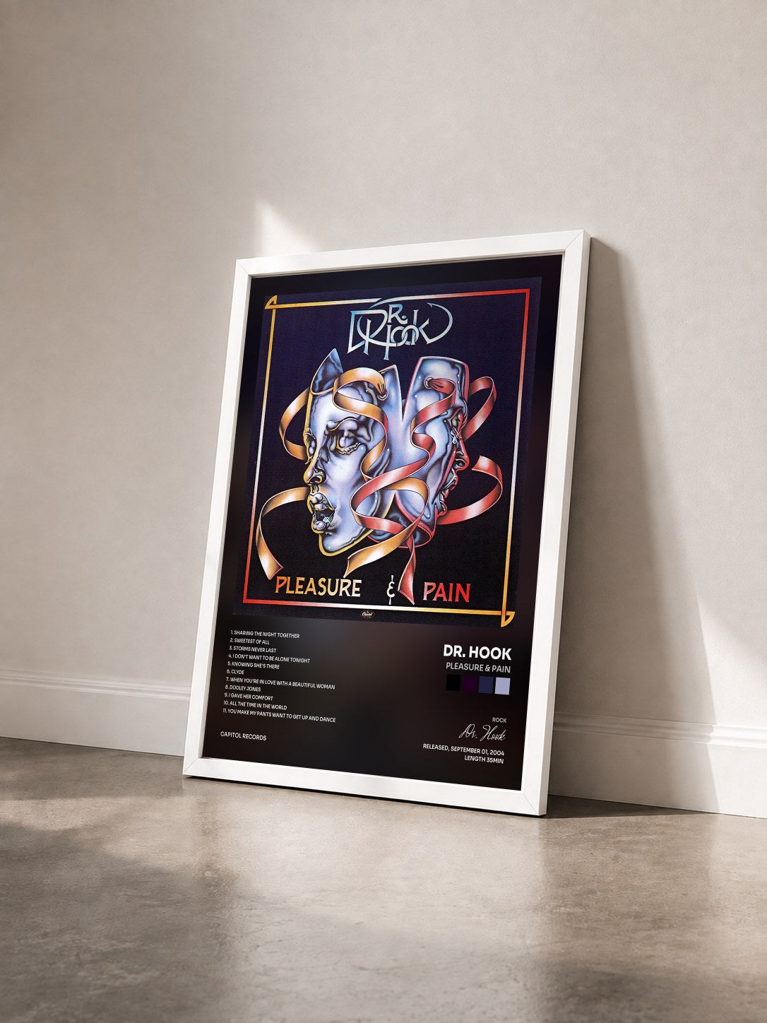 #blanc Tableau de l'album Pleasure & Pain de Dr. Hook vu de trois quarts, cadre blanc