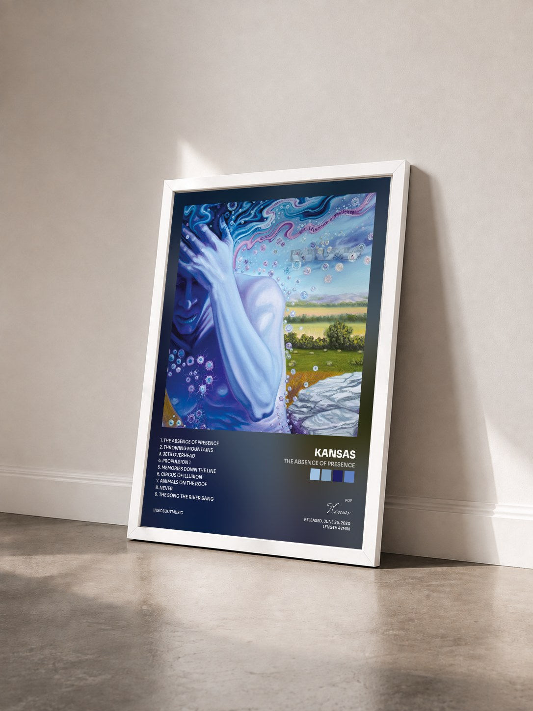 #blanc Tableau de l'album The Absence Of Presence de Kansas vu de trois quarts, cadre blanc