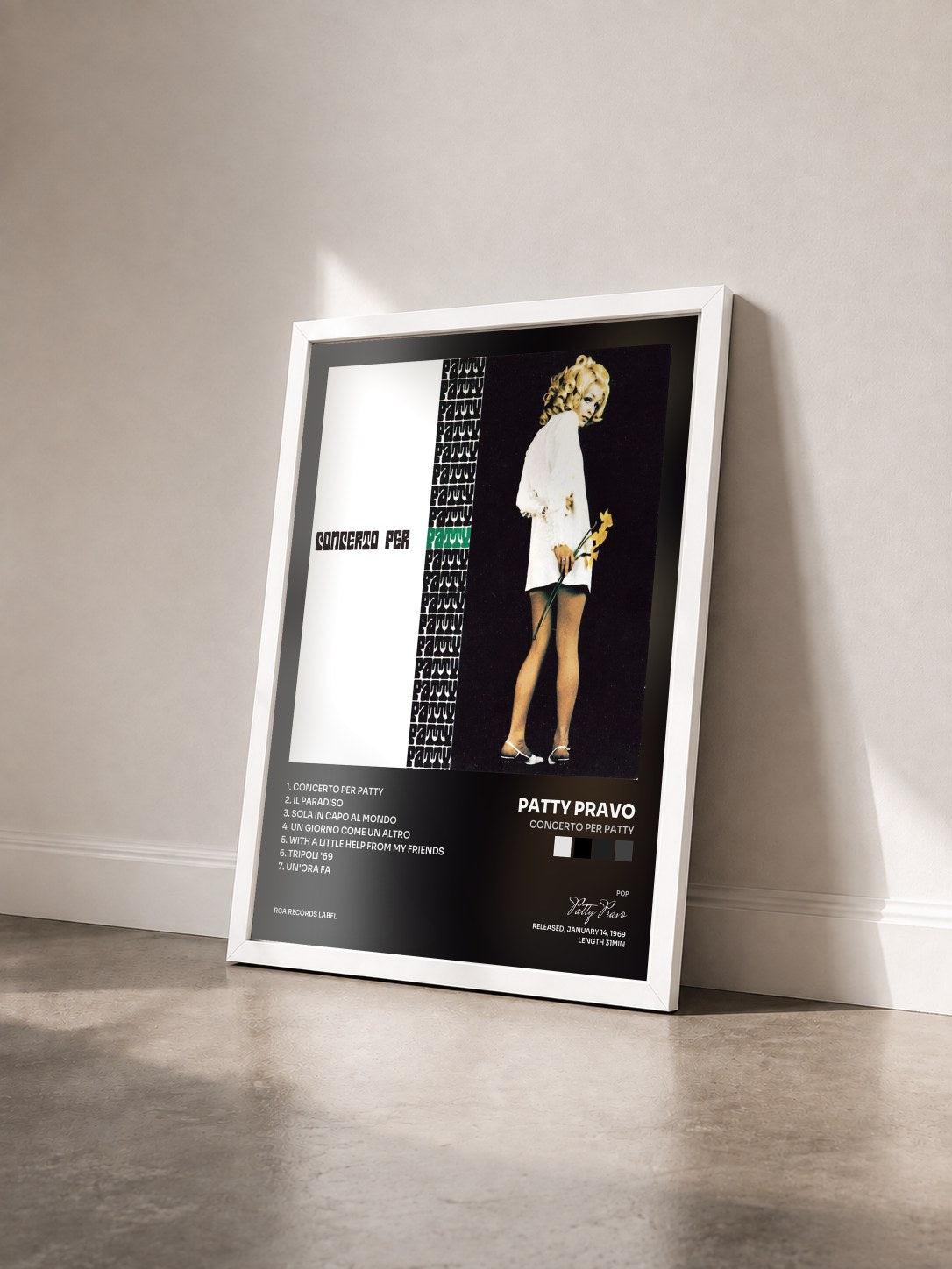 #blanc Tableau de l'album Concerto Per Patty de Patty Pravo vu de trois quarts, cadre blanc