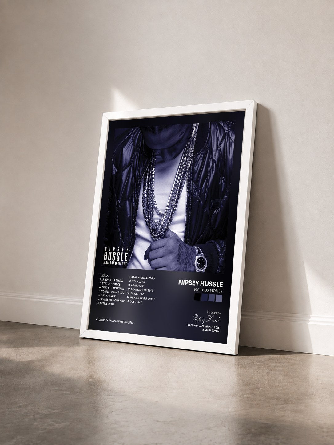 #blanc Tableau de l'album Mailbox Money de Nipsey Hussle vu de trois quarts, cadre blanc