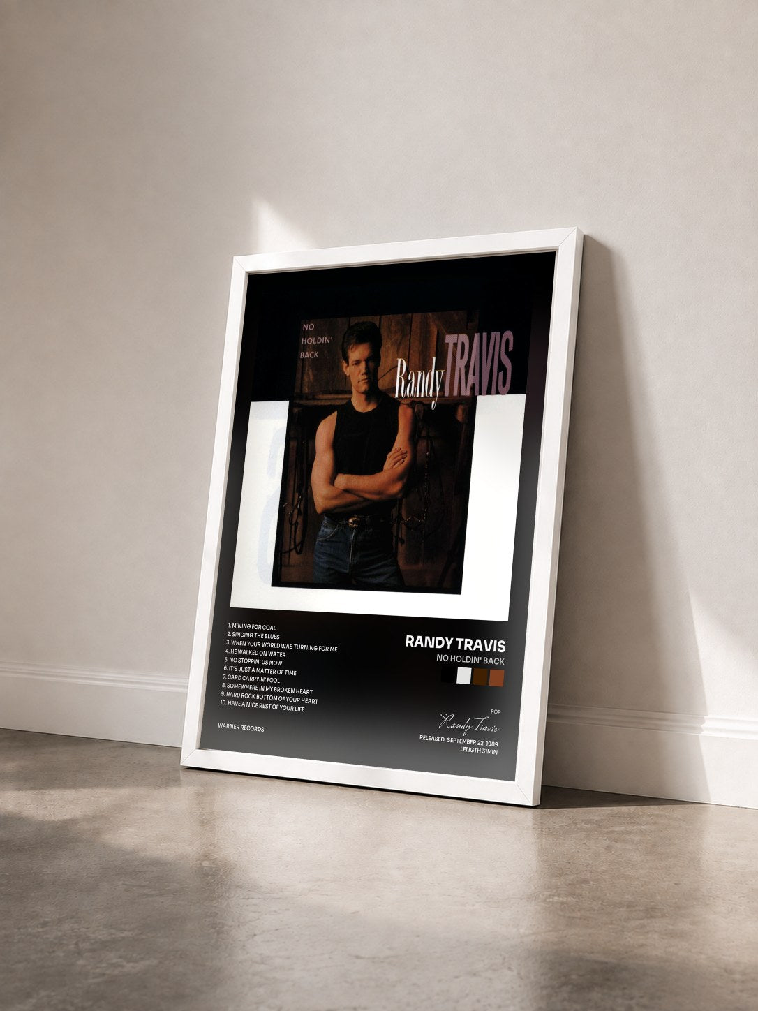 #blanc Tableau de l'album No Holdin' Back de Randy Travis vu de trois quarts, cadre blanc