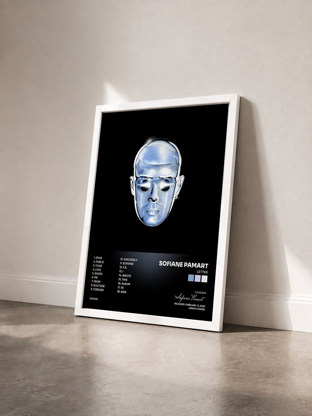 #blanc Tableau de l'album LETTER de Sofiane Pamart vu de trois quarts, cadre blanc