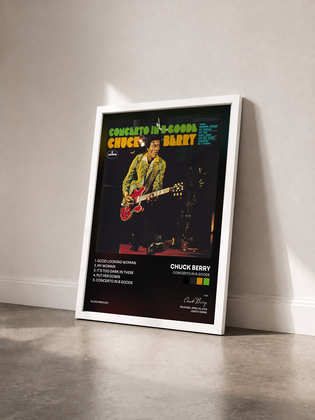 #blanc Tableau de l'album Concerto In B Goode de Chuck Berry vu de trois quarts, cadre blanc