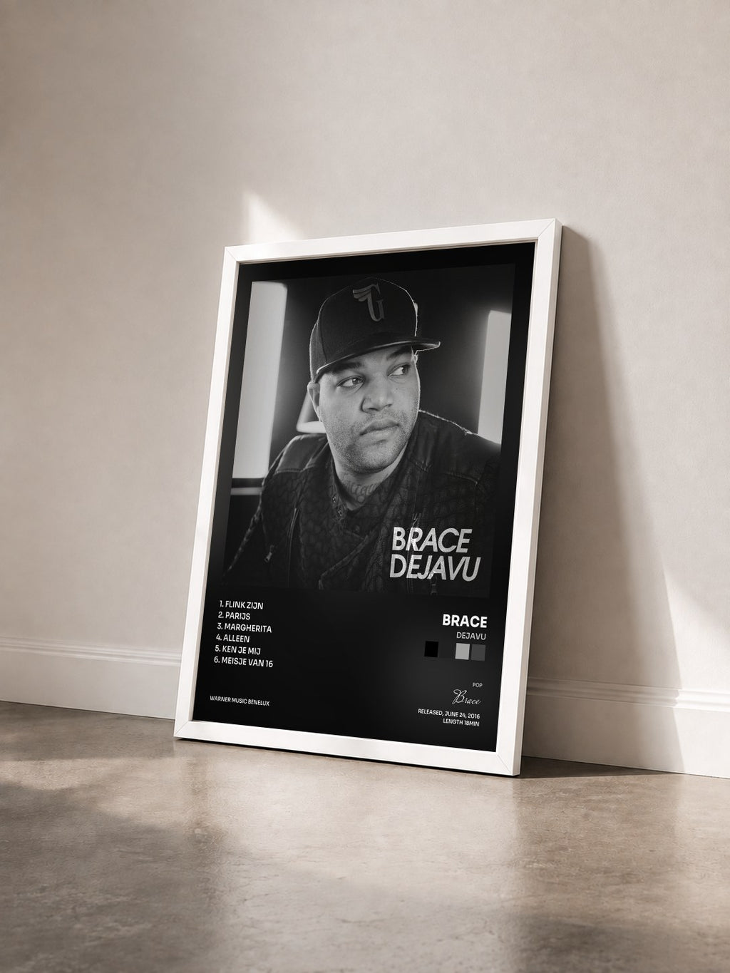 #blanc Dejavu by Brace as a framed art print seen at an angle, white frame