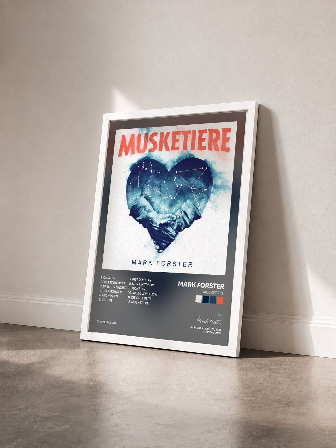 #blanc Tableau de l'album MUSKETIERE de Mark Forster vu de trois quarts, cadre blanc
