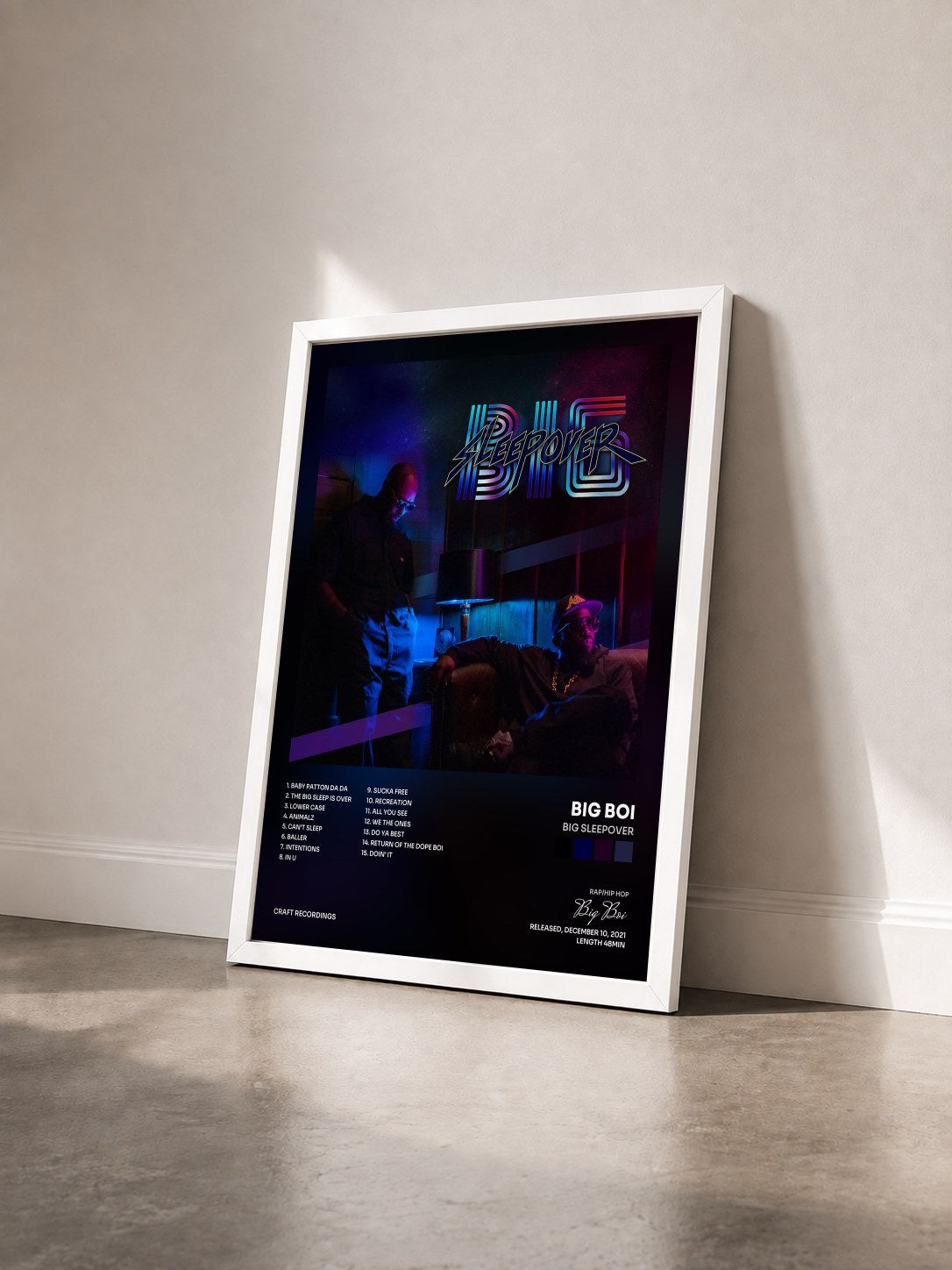 #blanc Tableau de l'album Big Sleepover de Big Boi vu de trois quarts, cadre blanc
