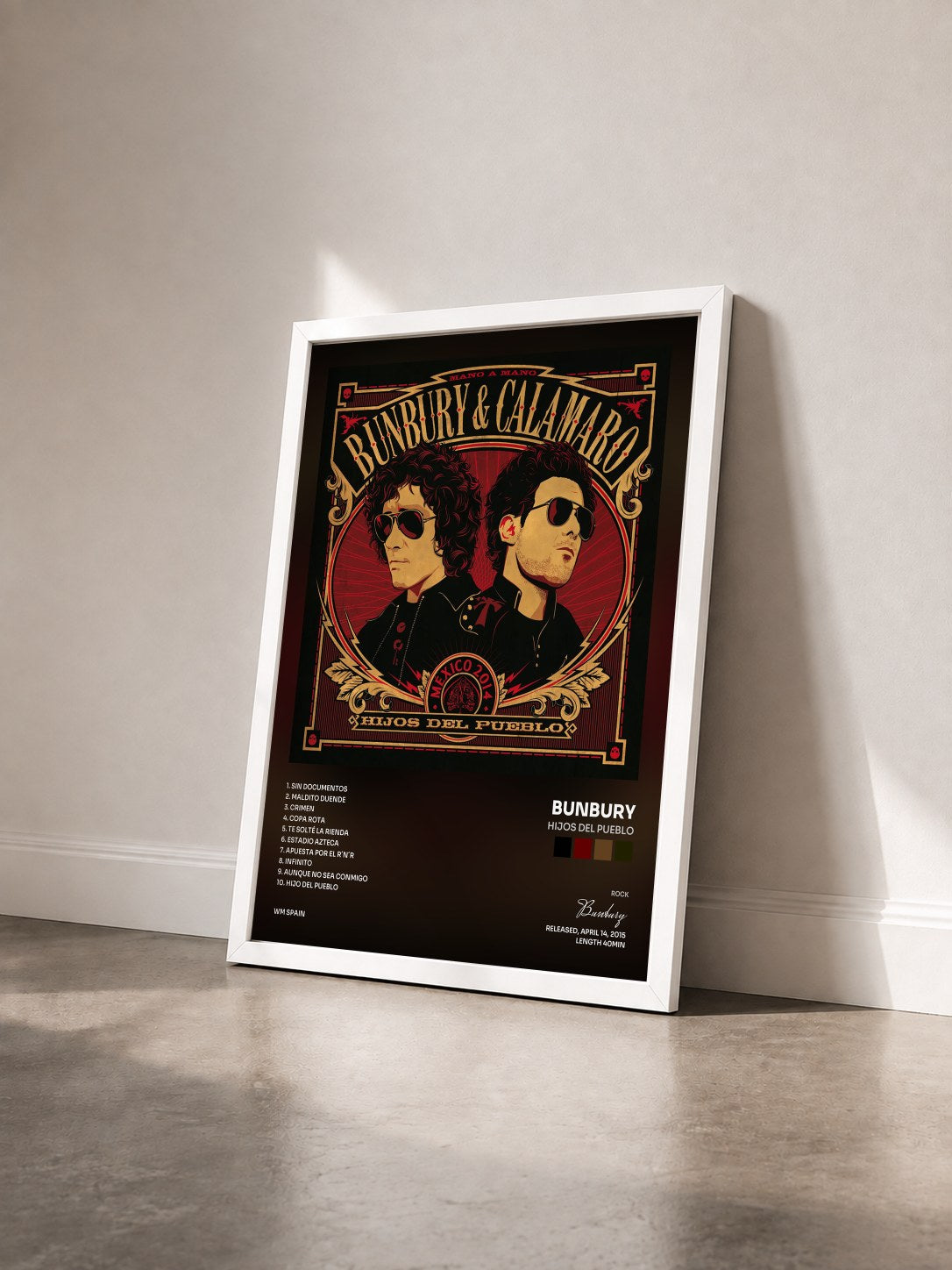 #blanc Tableau de l'album Hijos del pueblo de Bunbury vu de trois quarts, cadre blanc