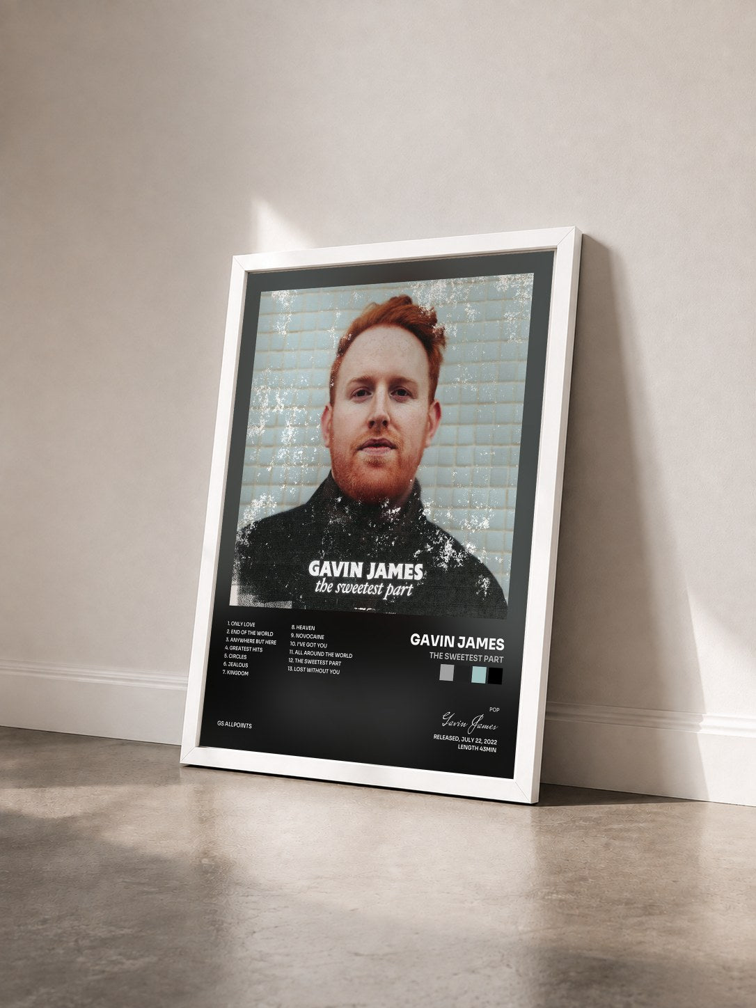 #blanc Tableau de l'album The Sweetest Part de Gavin James vu de trois quarts, cadre blanc