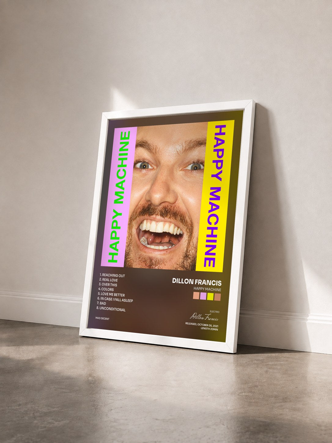 #blanc Tableau de l'album Happy Machine de Dillon Francis vu de trois quarts, cadre blanc