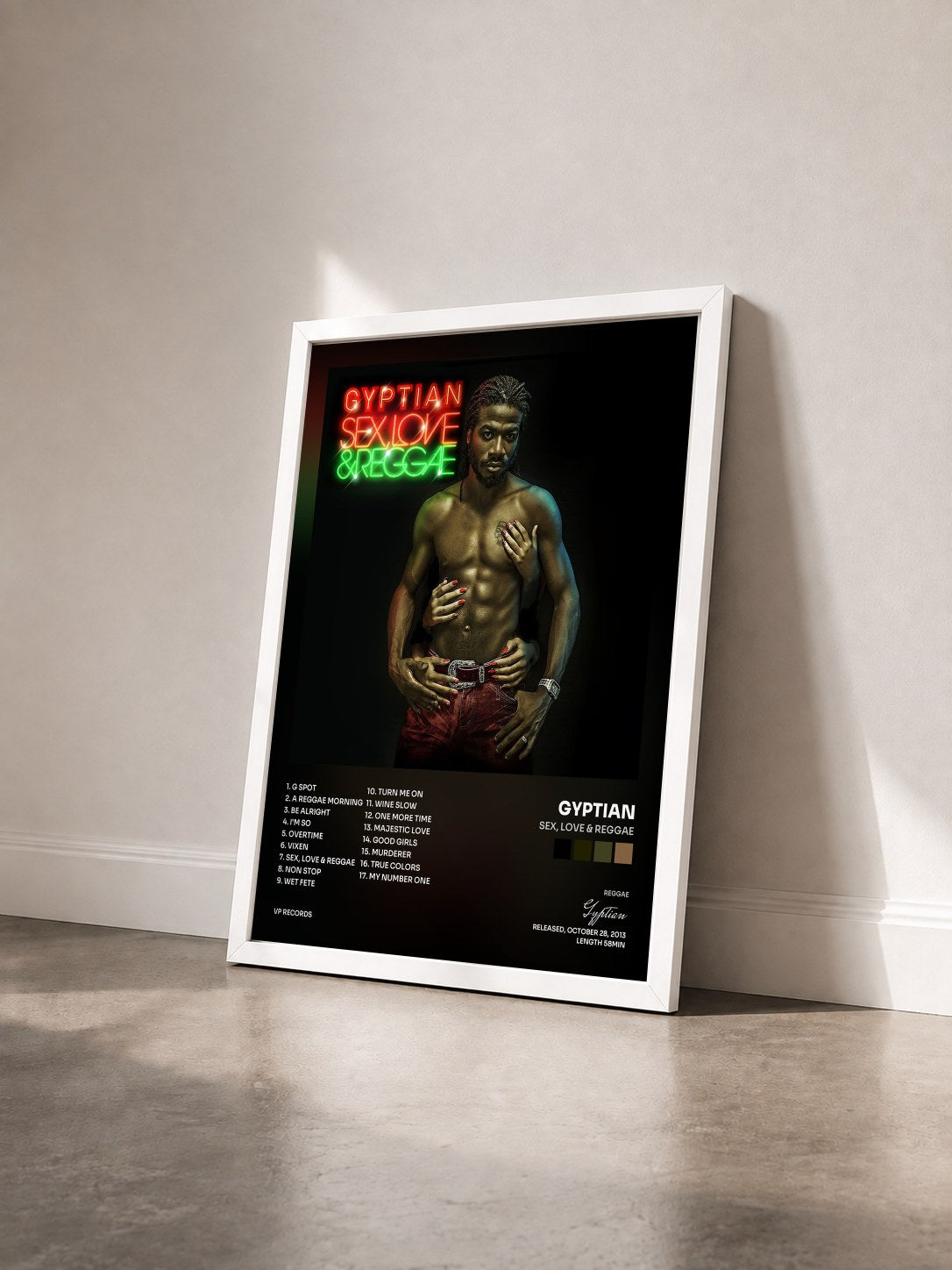 #blanc Tableau de l'album Sex, Love & Reggae de Gyptian vu de trois quarts, cadre blanc
