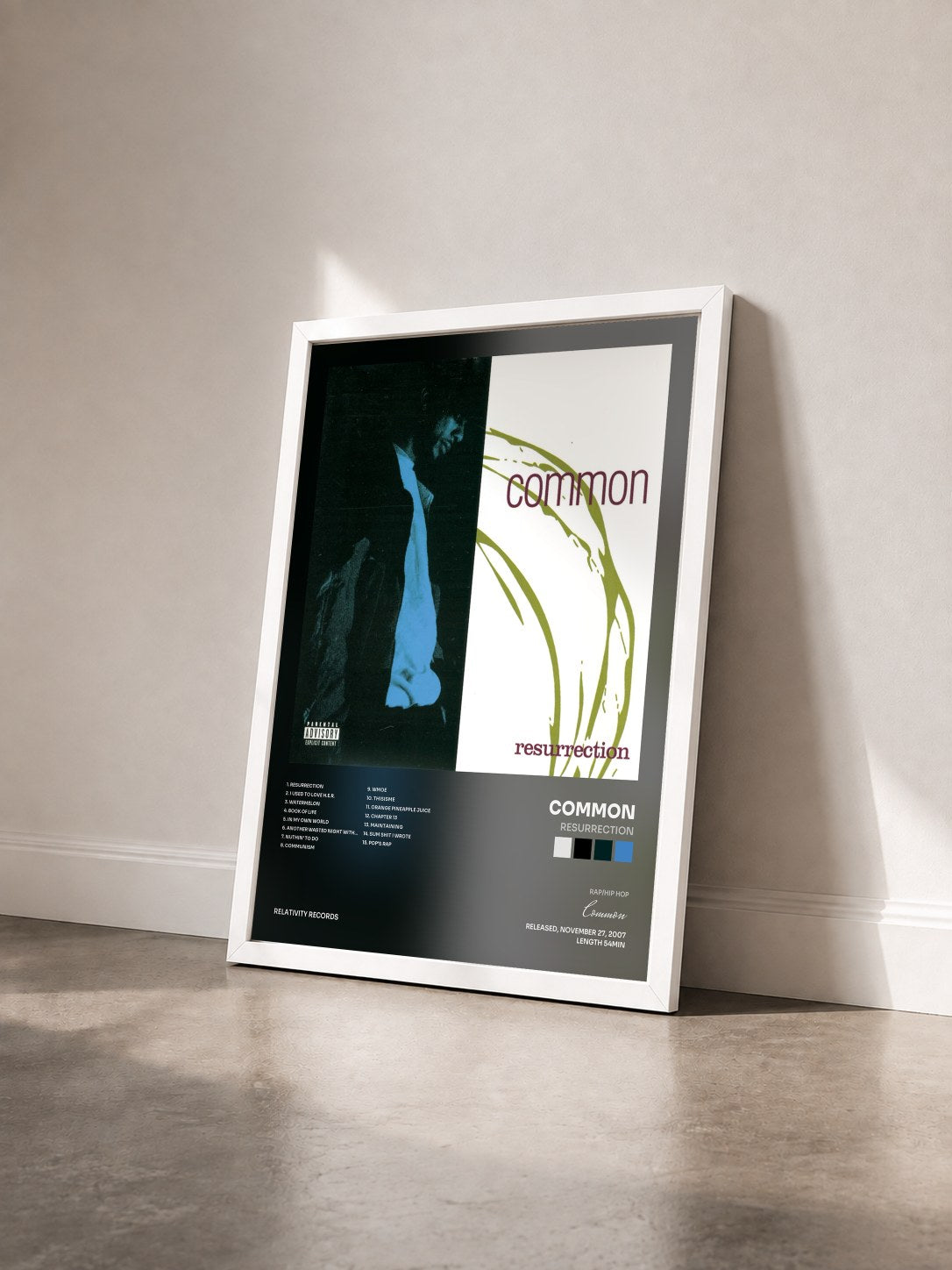 #blanc Tableau de l'album Resurrection de Common vu de trois quarts, cadre blanc