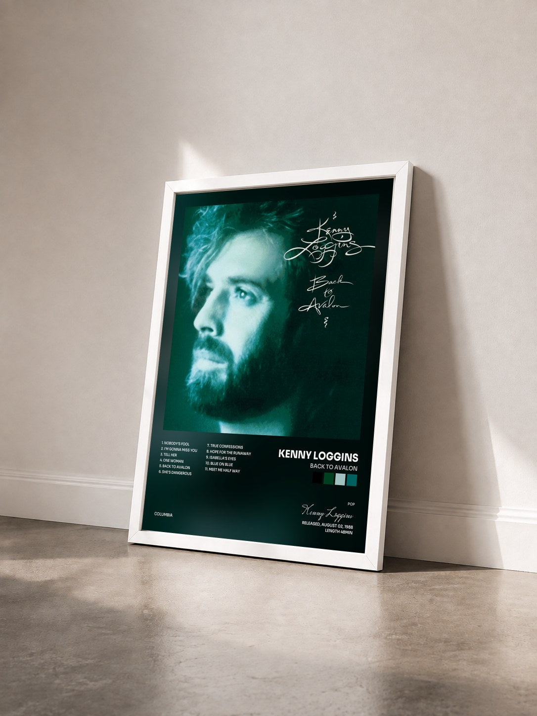 #blanc Tableau de l'album Back To Avalon de Kenny Loggins vu de trois quarts, cadre blanc