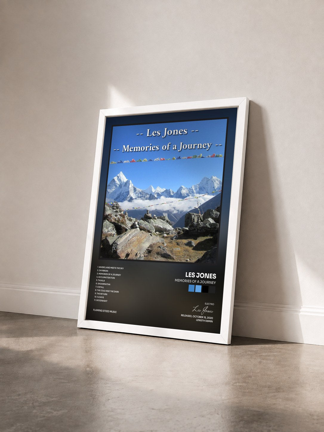 #blanc Tableau de l'album Memories of a Journey de Les Jones vu de trois quarts, cadre blanc