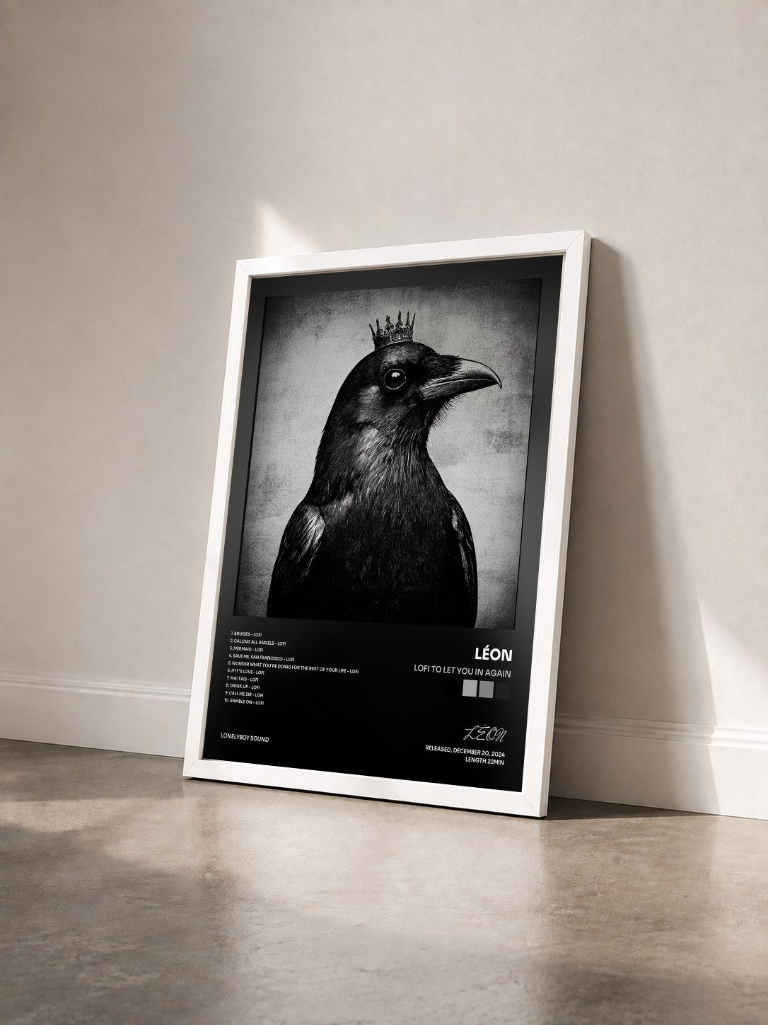#blanc Tableau de l'album lofi to let you in again de LÉON vu de trois quarts, cadre blanc