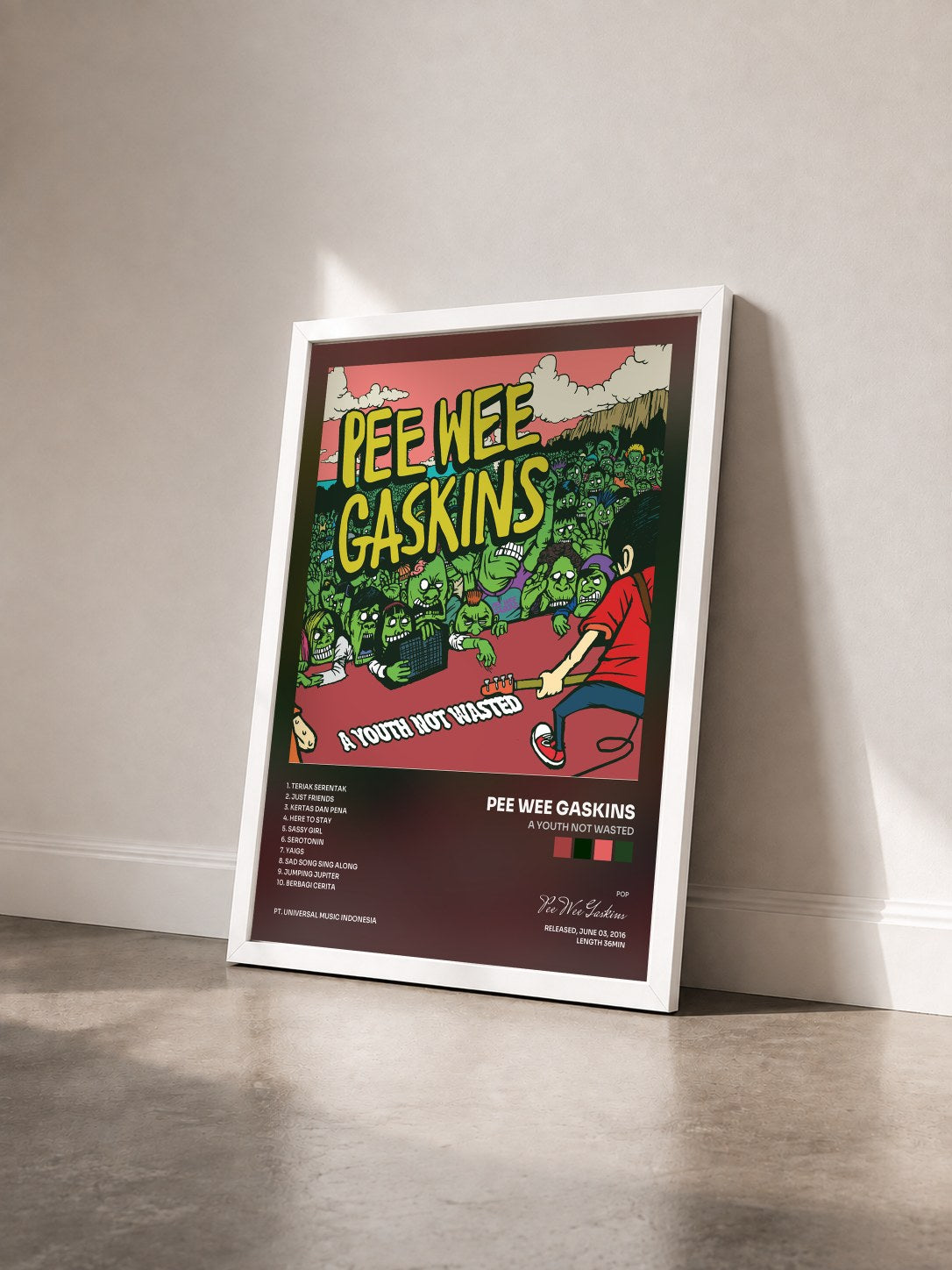 #blanc Tableau de l'album A Youth Not Wasted de Pee Wee Gaskins vu de trois quarts, cadre blanc
