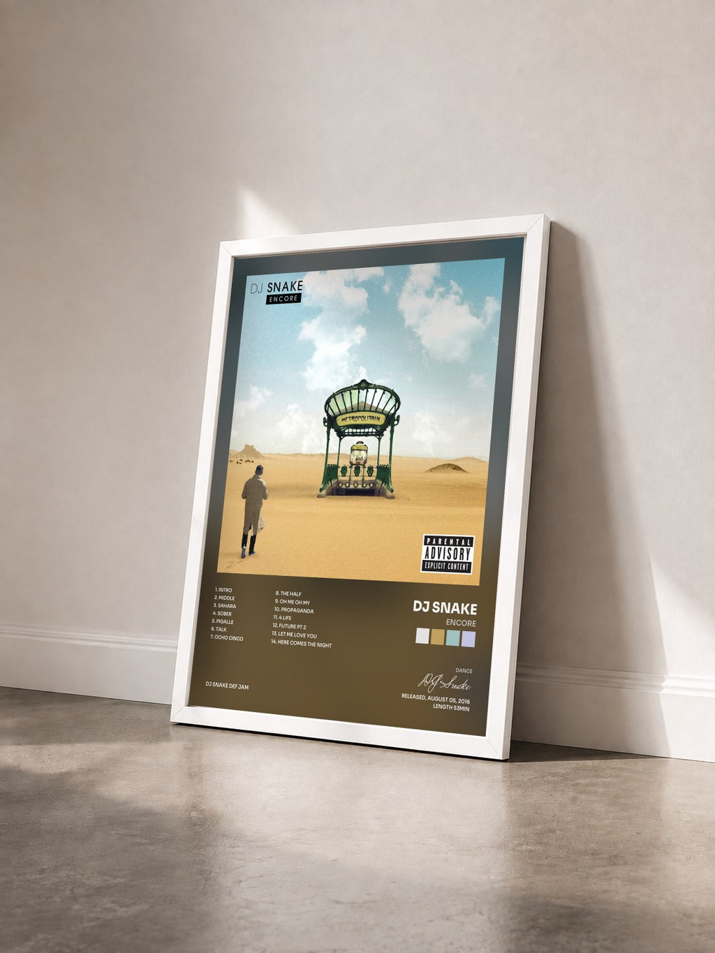#blanc Tableau de l'album Encore de DJ Snake vu de trois quarts, cadre blanc
