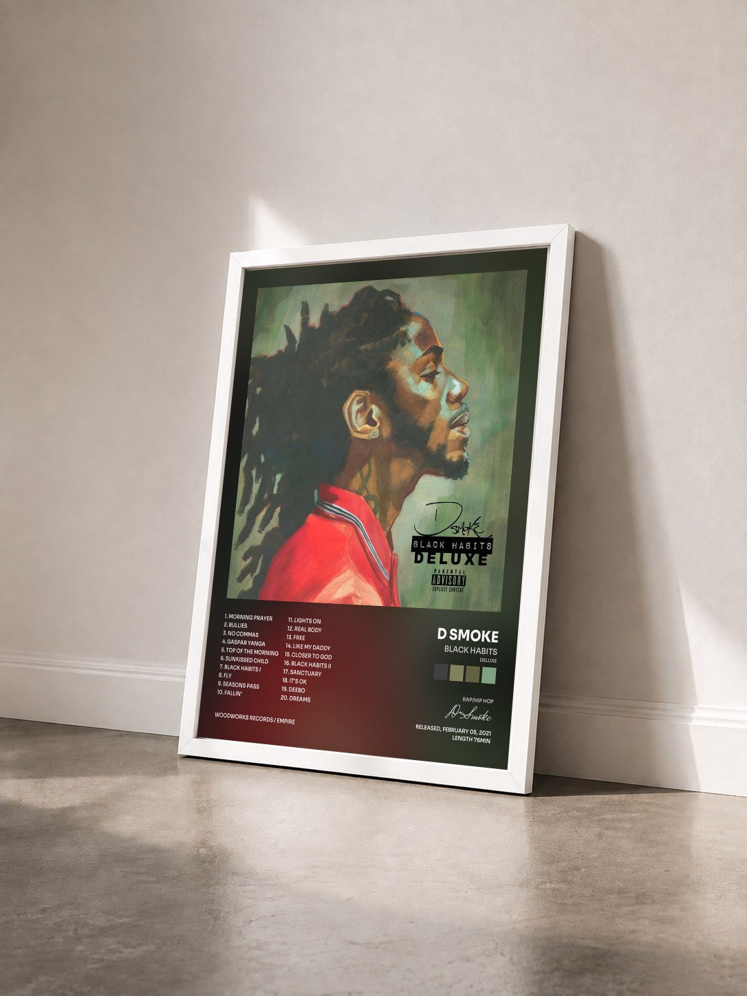 #blanc Tableau de l'album Black Habits (Deluxe) de D Smoke vu de trois quarts, cadre blanc