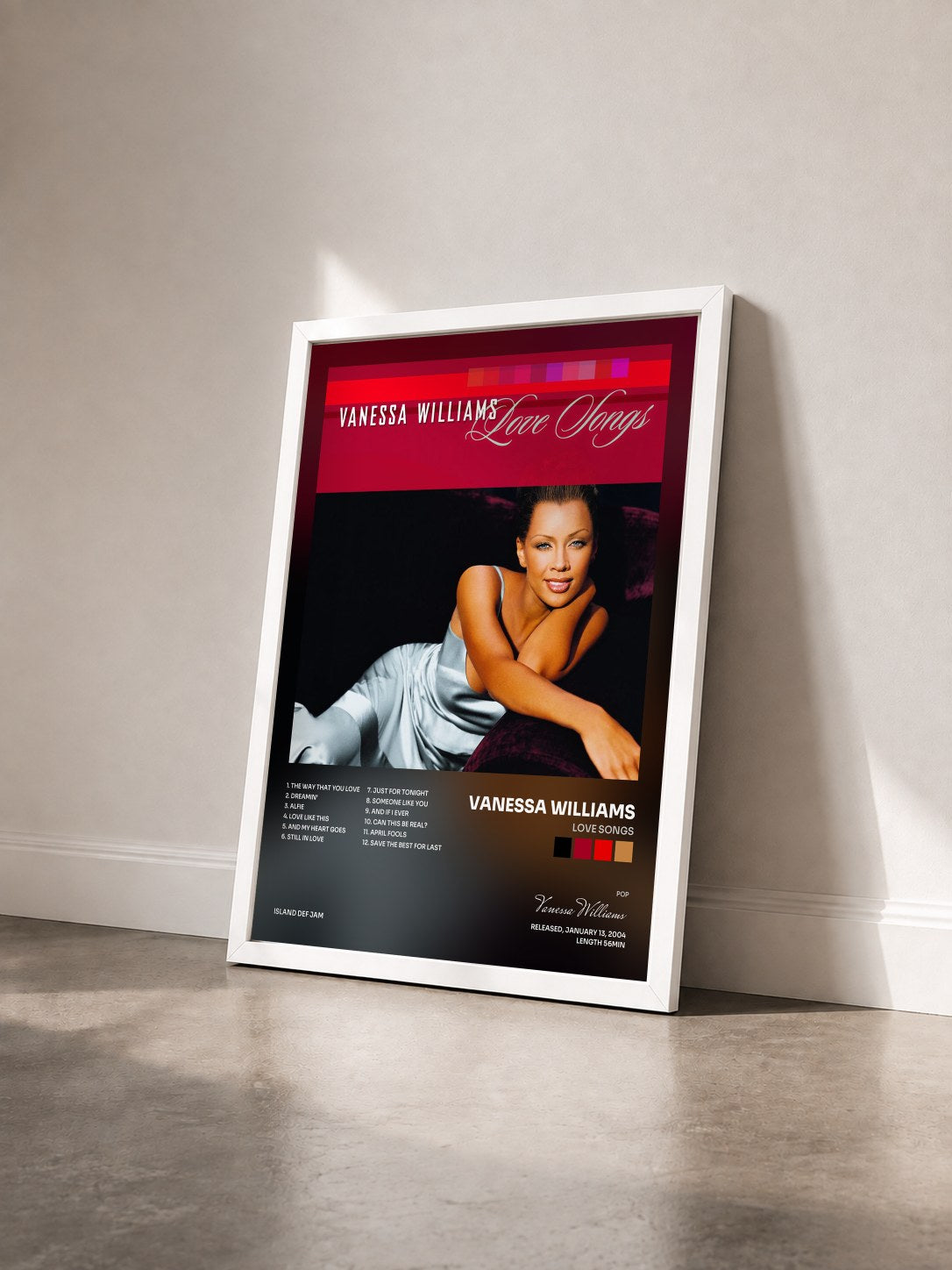 #blanc Tableau de l'album Love Songs de Vanessa Williams vu de trois quarts, cadre blanc