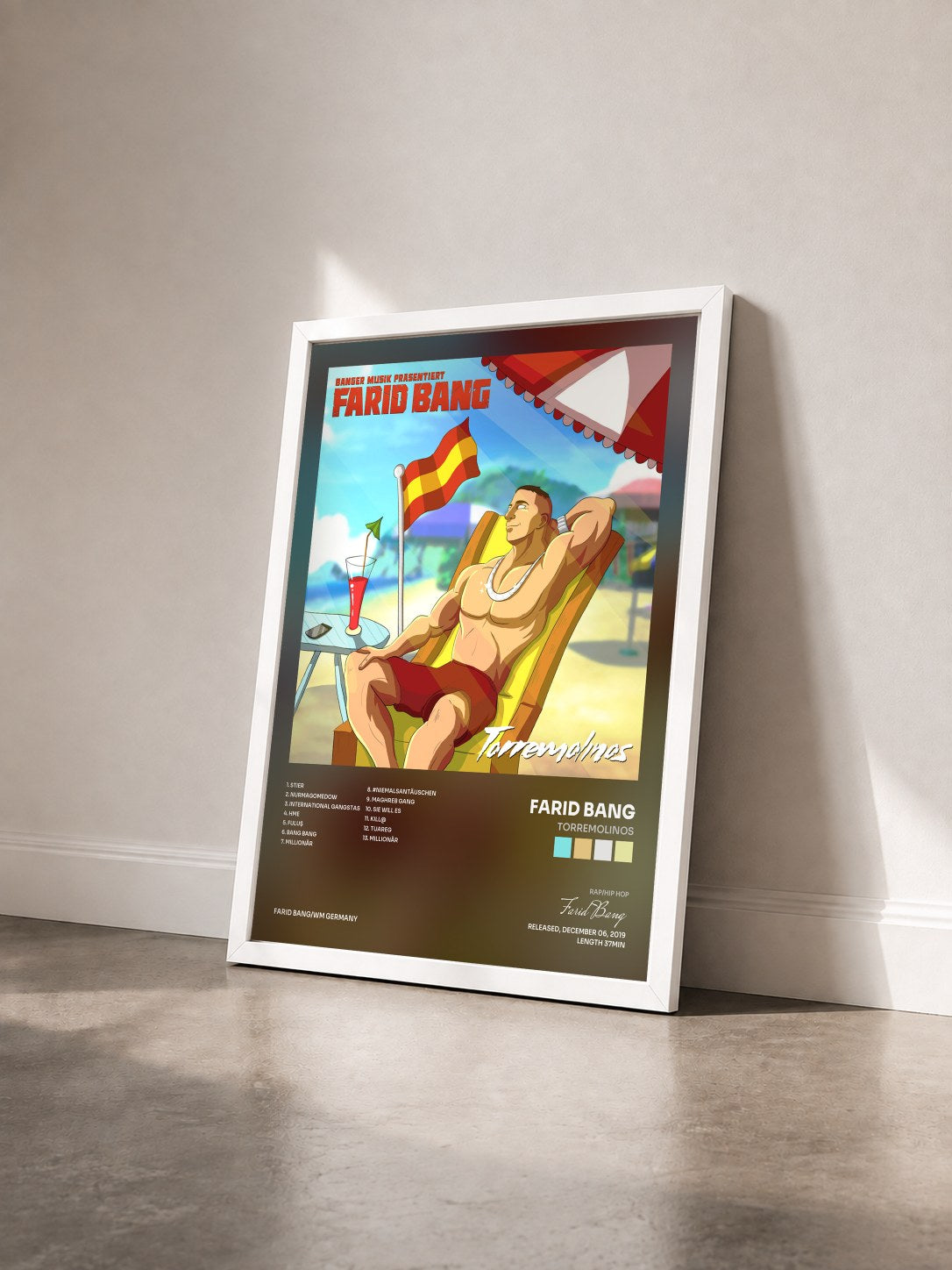 #blanc Tableau de l'album Torremolinos de Farid Bang vu de trois quarts, cadre blanc