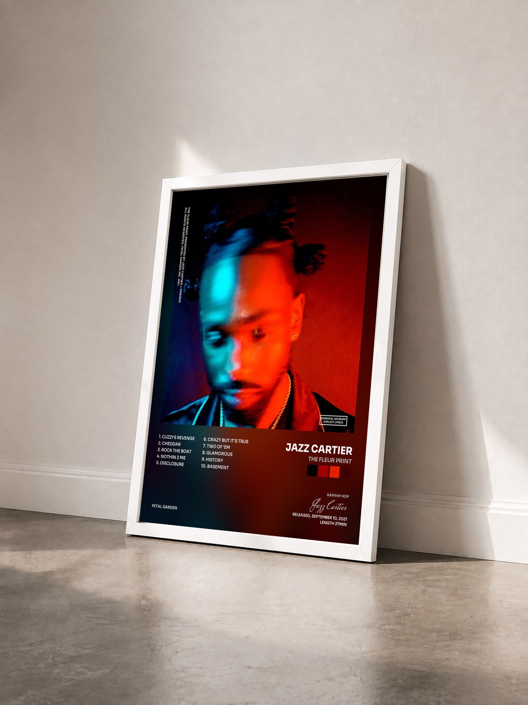 #blanc Tableau de l'album The Fleur Print de Jazz Cartier vu de trois quarts, cadre blanc