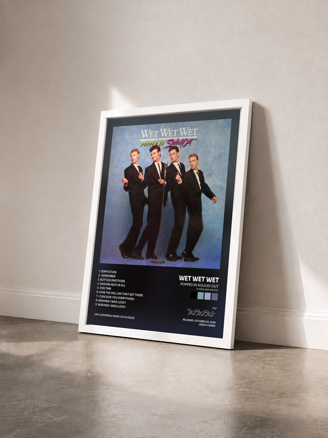 #blanc Tableau de l'album Popped In Souled Out (B-Sides and Rarities) de Wet Wet Wet vu de trois quarts, cadre blanc