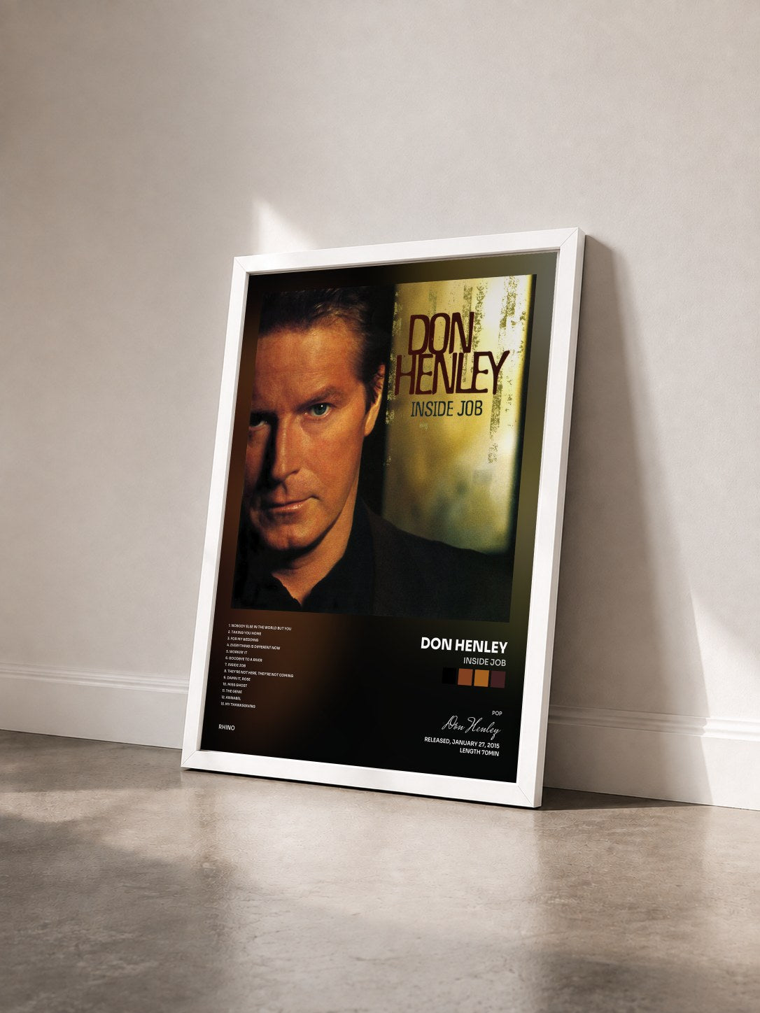 #blanc Tableau de l'album Inside Job de Don Henley vu de trois quarts, cadre blanc