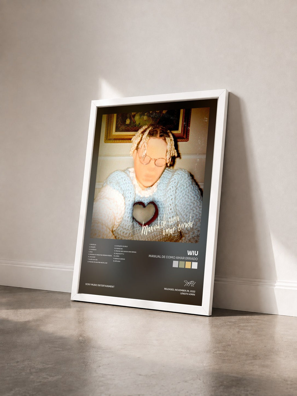 #blanc Tableau de l'album Manual de Como Amar Errado de WIU vu de trois quarts, cadre blanc