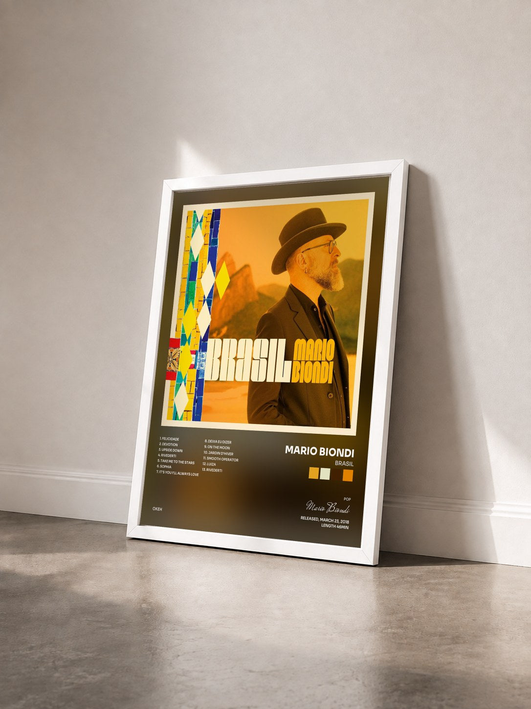 #blanc Tableau de l'album Brasil de Mario Biondi vu de trois quarts, cadre blanc