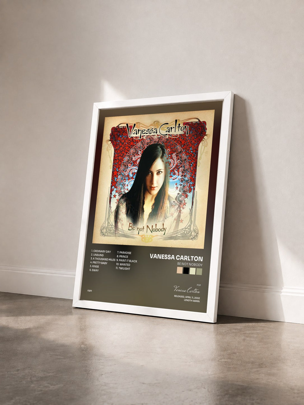 #blanc Be Not Nobody by Vanessa Carlton as a framed art print seen at an angle, white frame