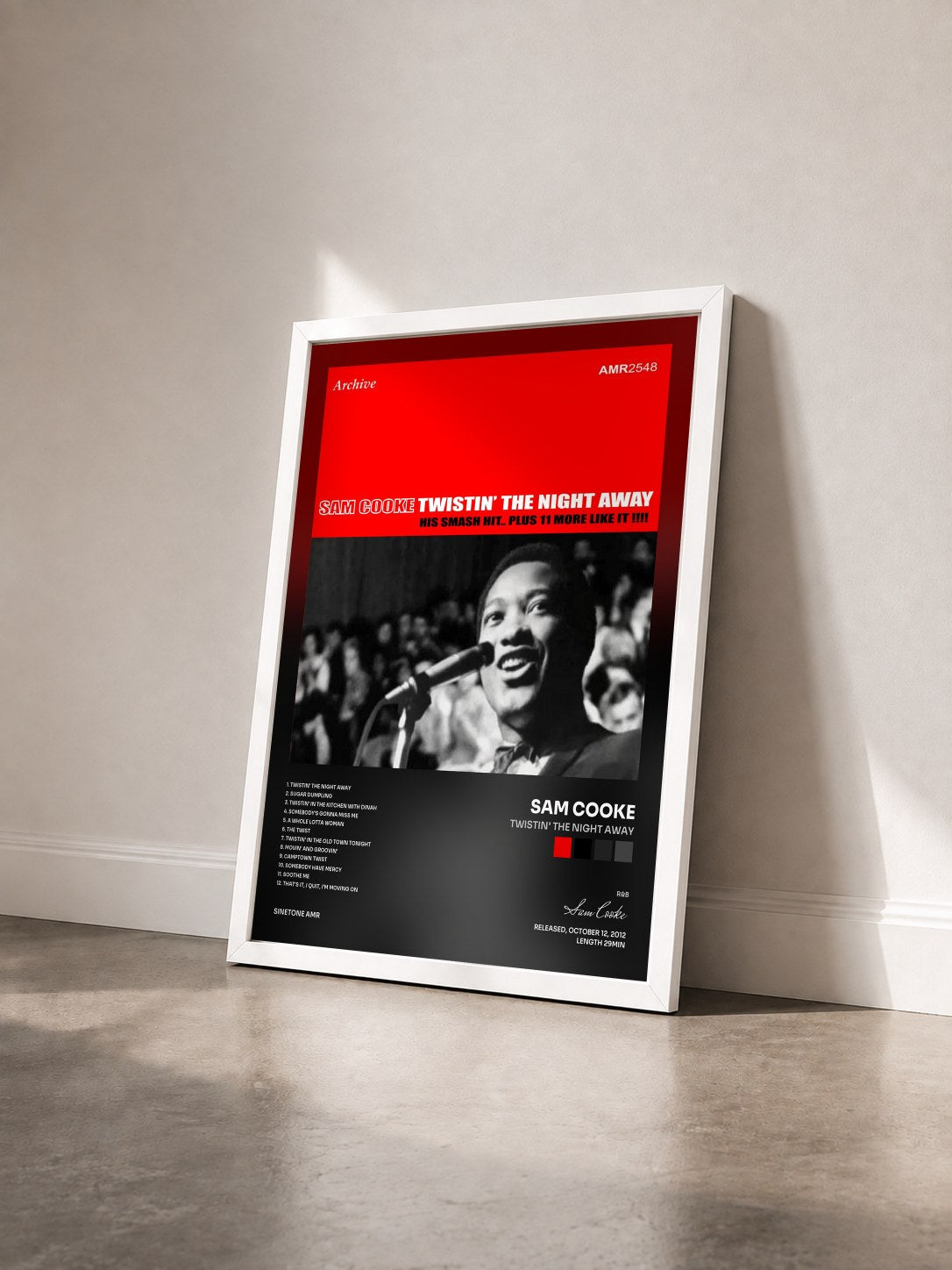 #blanc Tableau de l'album Twistin' the Night Away de Sam Cooke vu de trois quarts, cadre blanc