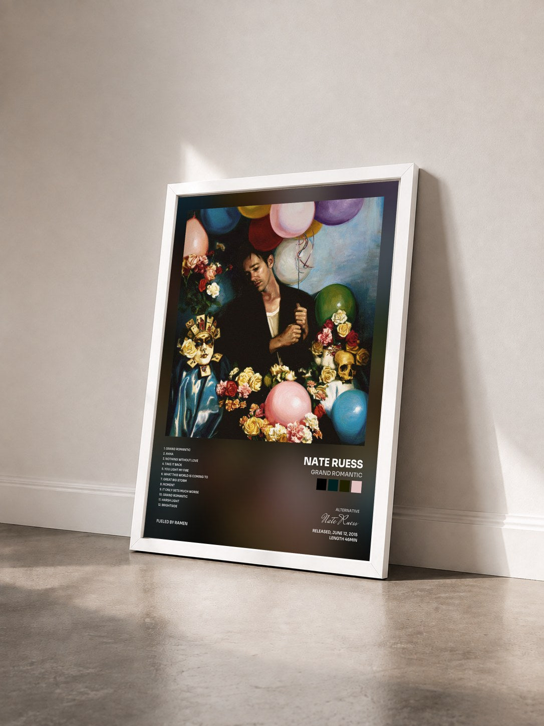 #blanc Tableau de l'album Grand Romantic de Nate Ruess vu de trois quarts, cadre blanc