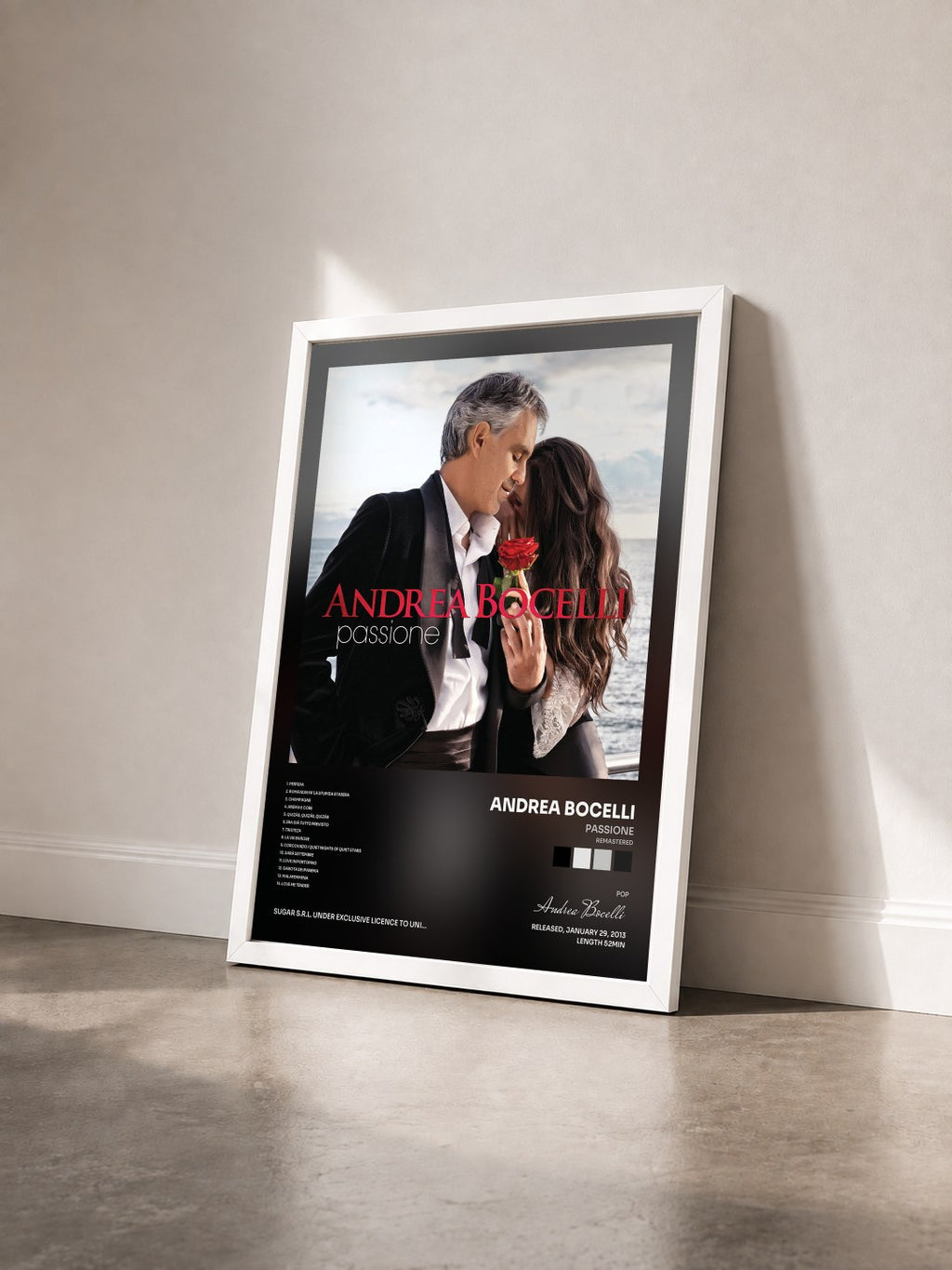 #blanc Tableau de l'album Passione (Remastered) de Andrea Bocelli vu de trois quarts, cadre blanc