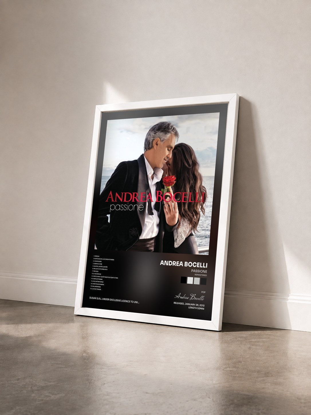 #blanc Tableau de l'album Passione (Remastered) de Andrea Bocelli vu de trois quarts, cadre blanc