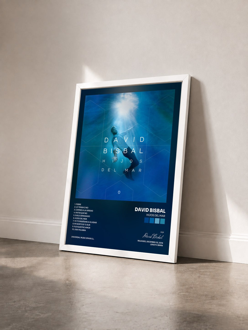 #blanc Tableau de l'album Hijos Del Mar de David Bisbal vu de trois quarts, cadre blanc