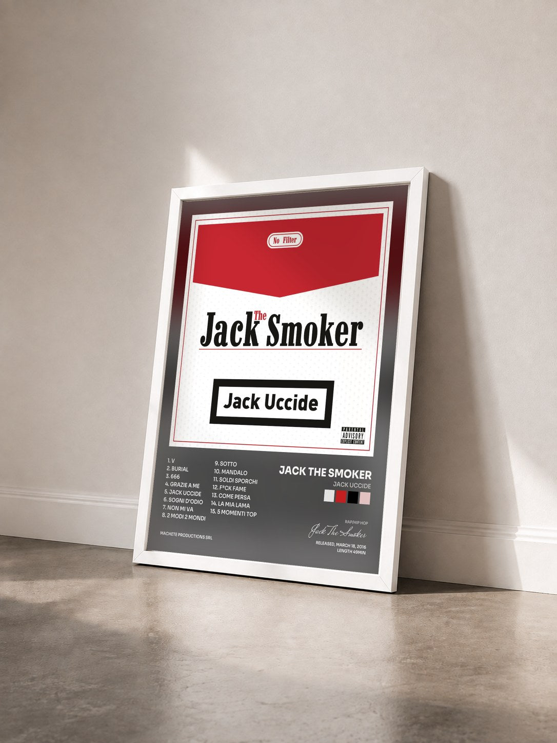 #blanc Tableau de l'album Jack uccide de Jack The Smoker vu de trois quarts, cadre blanc