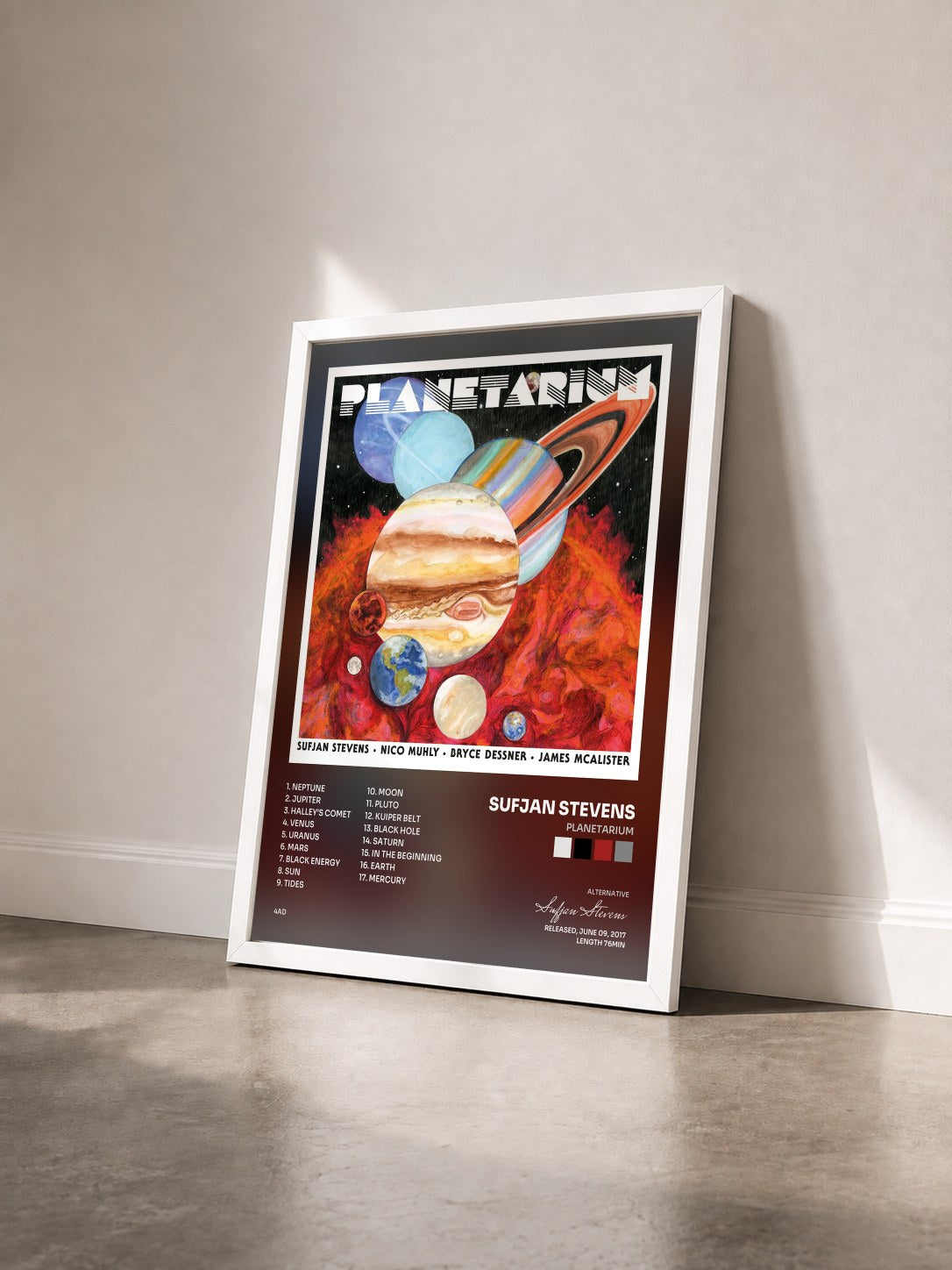 #blanc Tableau de l'album Planetarium de Sufjan Stevens vu de trois quarts, cadre blanc