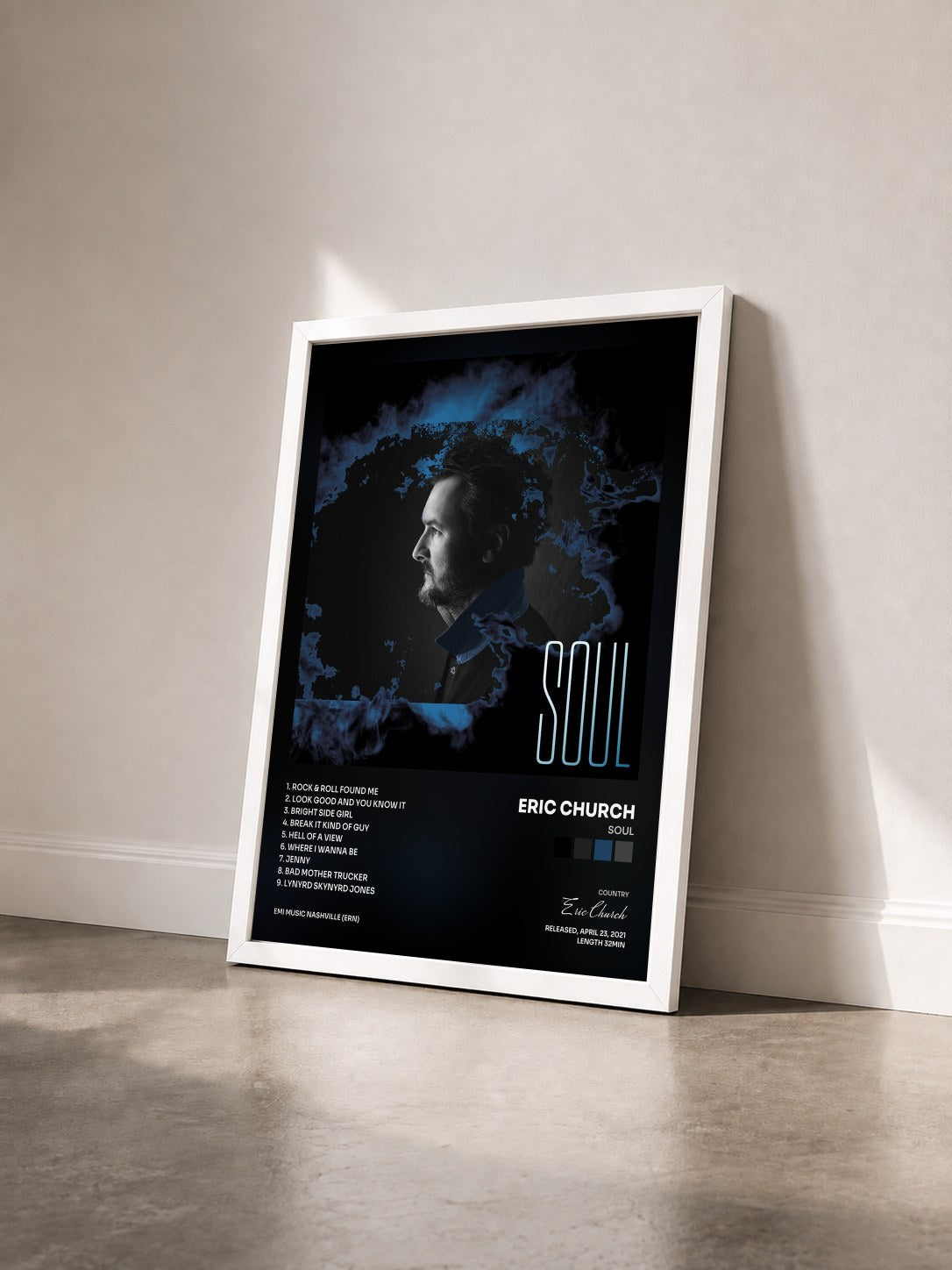 #blanc Tableau de l'album Soul de Eric Church vu de trois quarts, cadre blanc