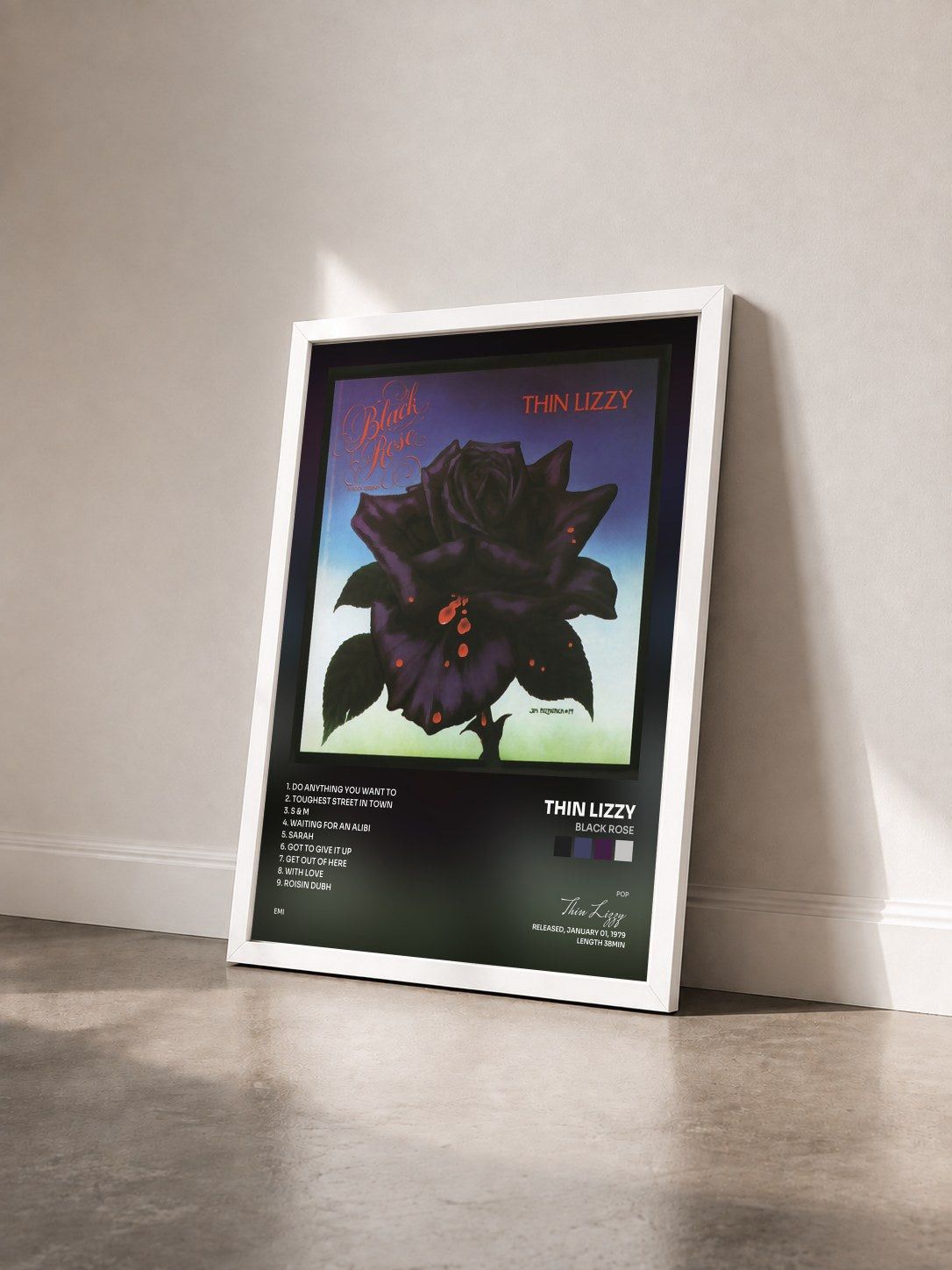 #blanc Tableau de l'album Black Rose de Thin Lizzy vu de trois quarts, cadre blanc
