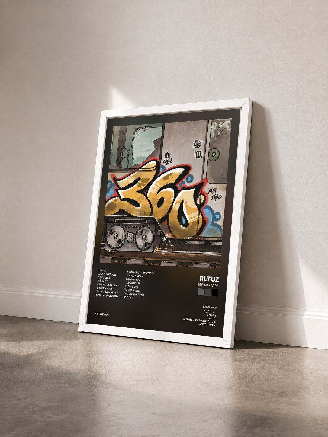 #blanc Tableau de l'album 360 Mixtape de Rufuz vu de trois quarts, cadre blanc