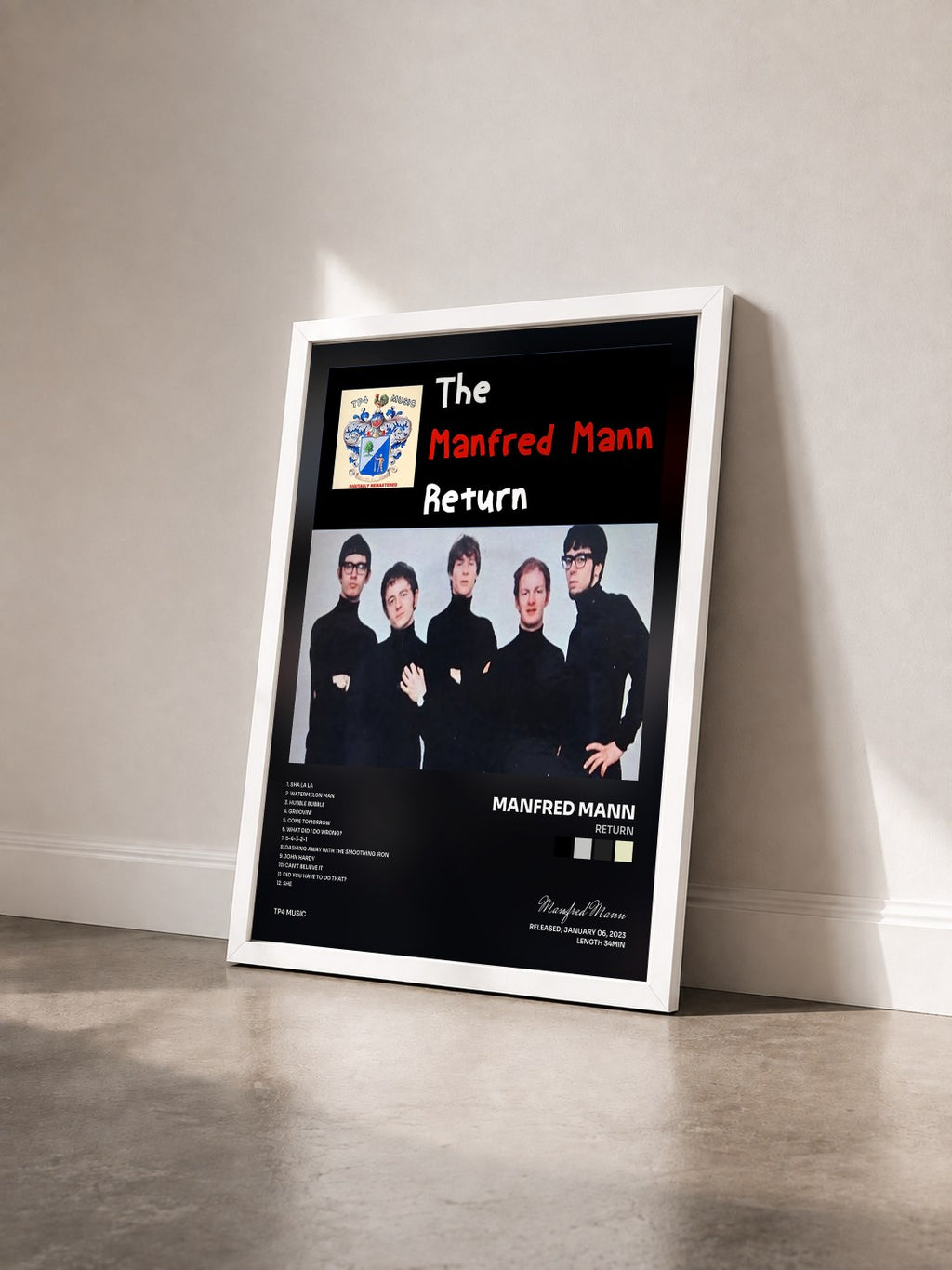 #blanc Tableau de l'album Return de Manfred Mann vu de trois quarts, cadre blanc