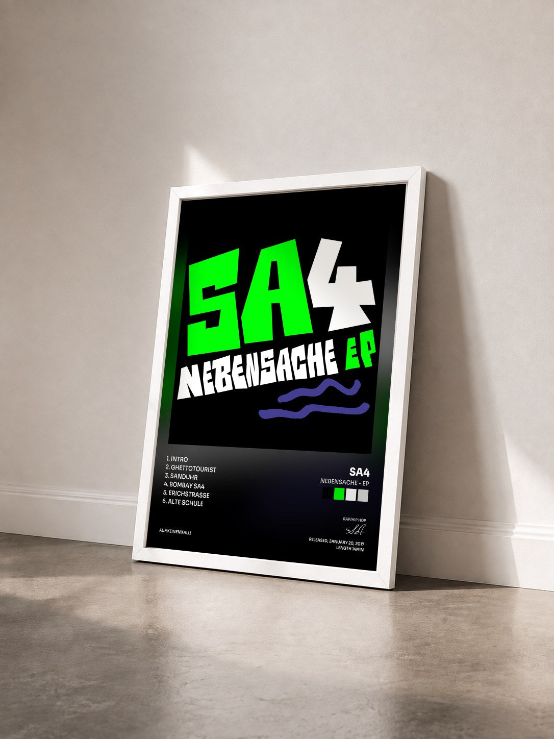 #blanc Tableau de l'album Nebensache - EP de Sa4 vu de trois quarts, cadre blanc